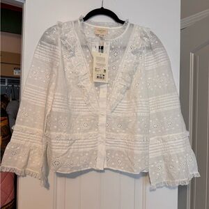 Sezane White Eyelet Ruffle Blouse